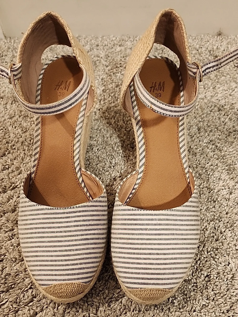 H&M Striped Espadrille Wedge Sandals in Beige and Denim Blue
